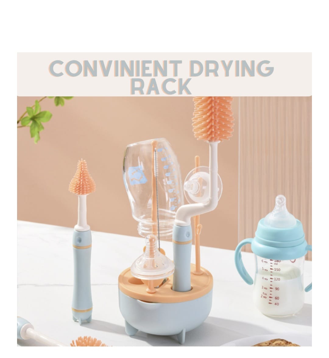 Baby Milk Bottle Brushes Kit With Drying Rack & Storage Base