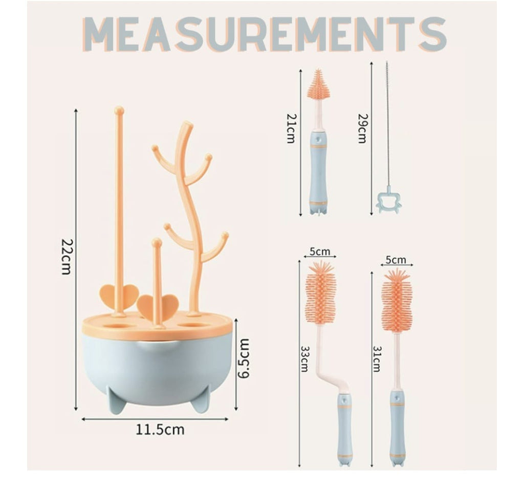 Baby Milk Bottle Brushes Kit With Drying Rack & Storage Base