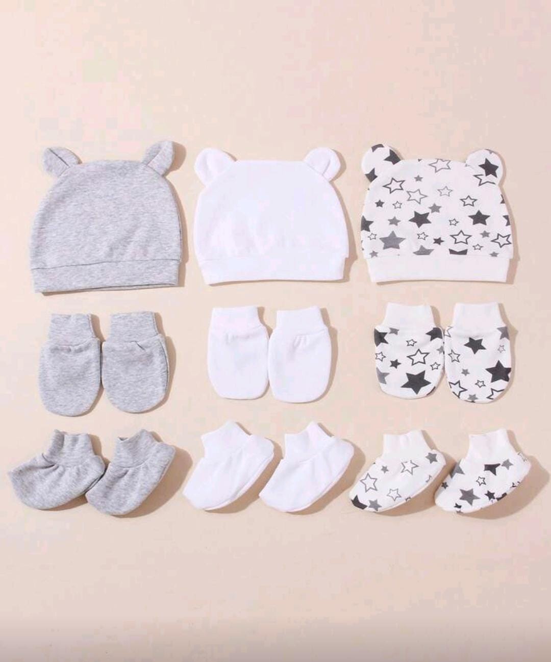 3pcs Set Newborn Baby Ear Hat + Anti-Scratch Mittens +Foot Cover