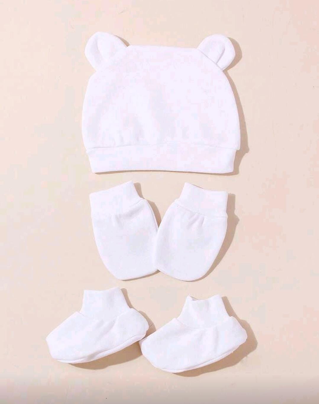 3pcs Set Newborn Baby Ear Hat + Anti-Scratch Mittens +Foot Cover